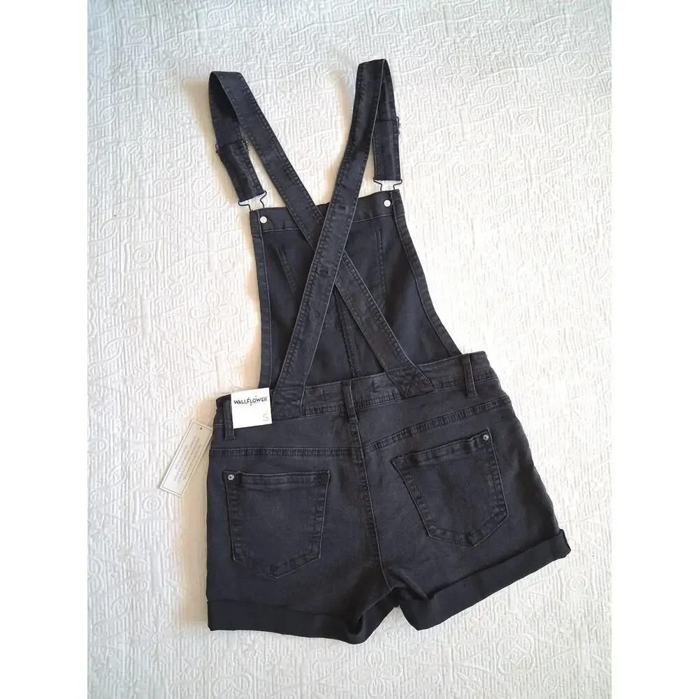 Wallflower Shortall Overall Shorts Cuffed Black Juniors Small 90s Y2K - Picture 2 of 7